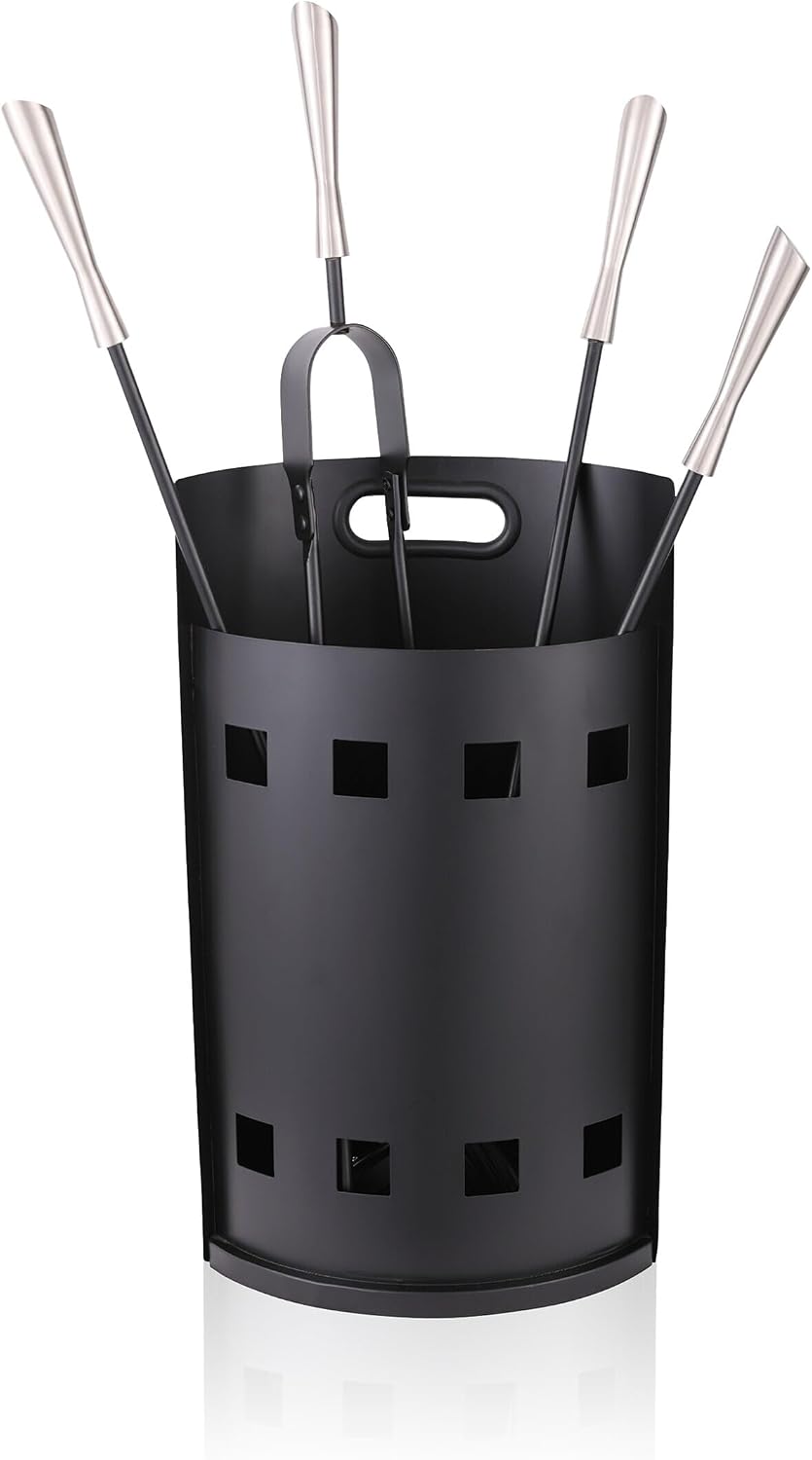Relaxdays Fireplace Tool Set, 5-Pc. Bucket Set, Black/Silver