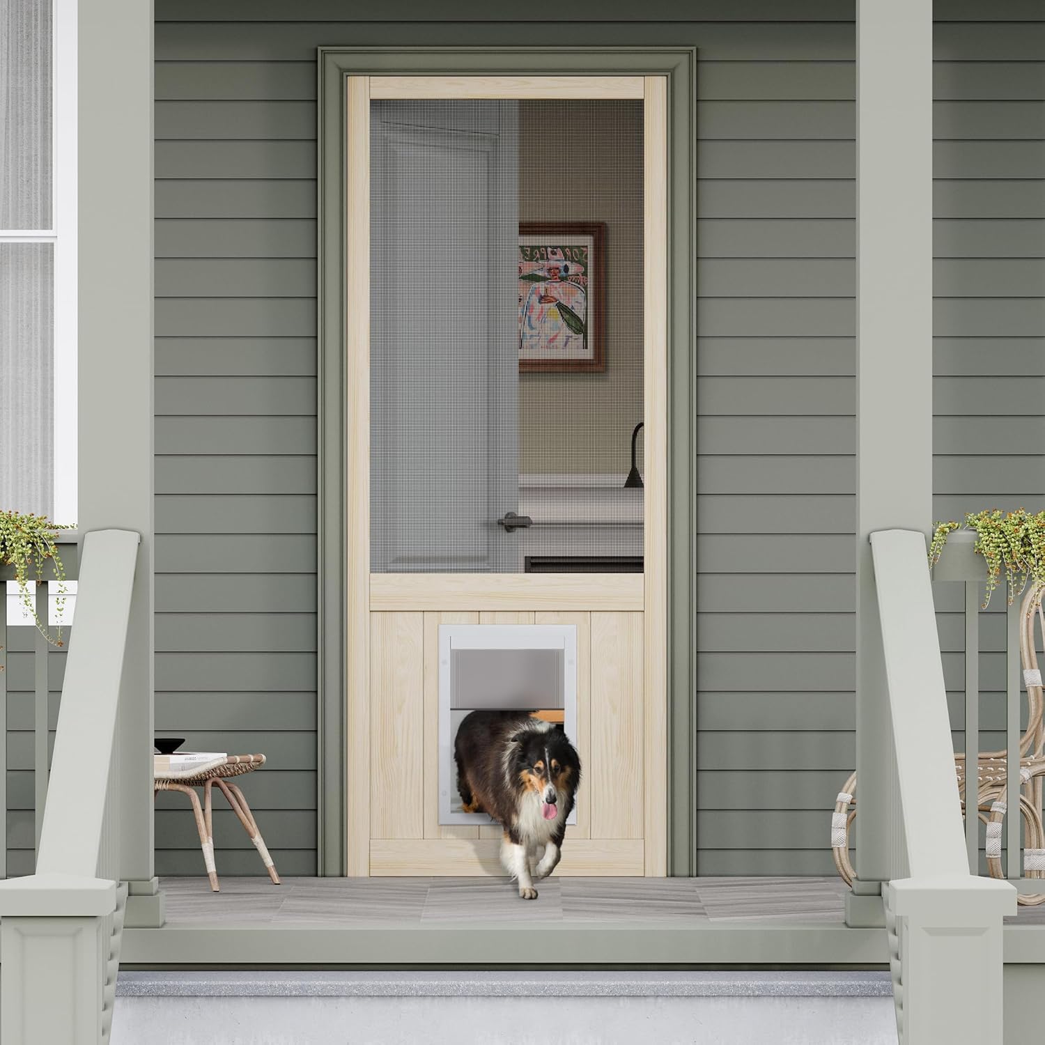 30" x 80" Screen Door w/ Pet Door, Wood Framed