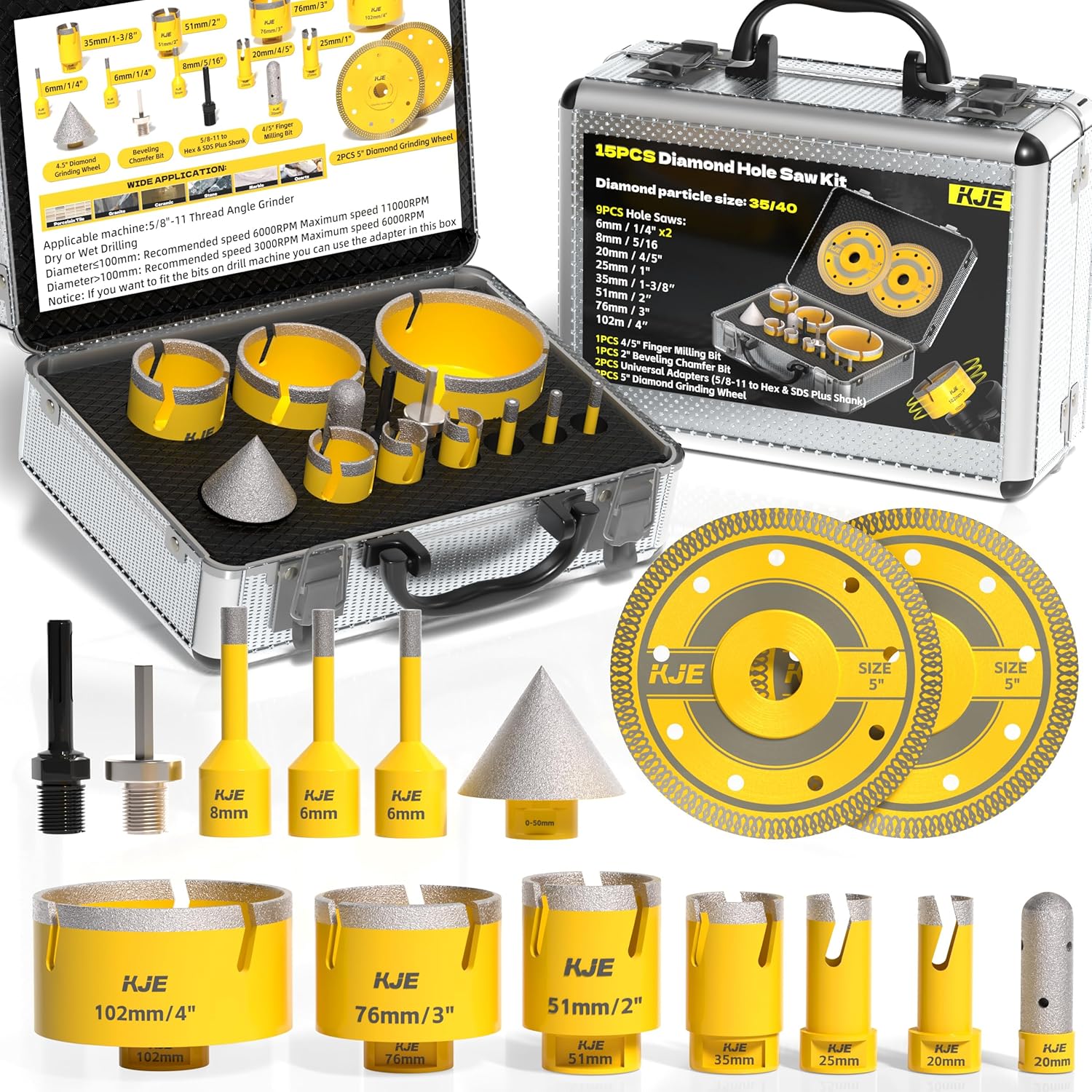 KJE 15pc Diamond Hole Saw Kit for Tile & Stone
