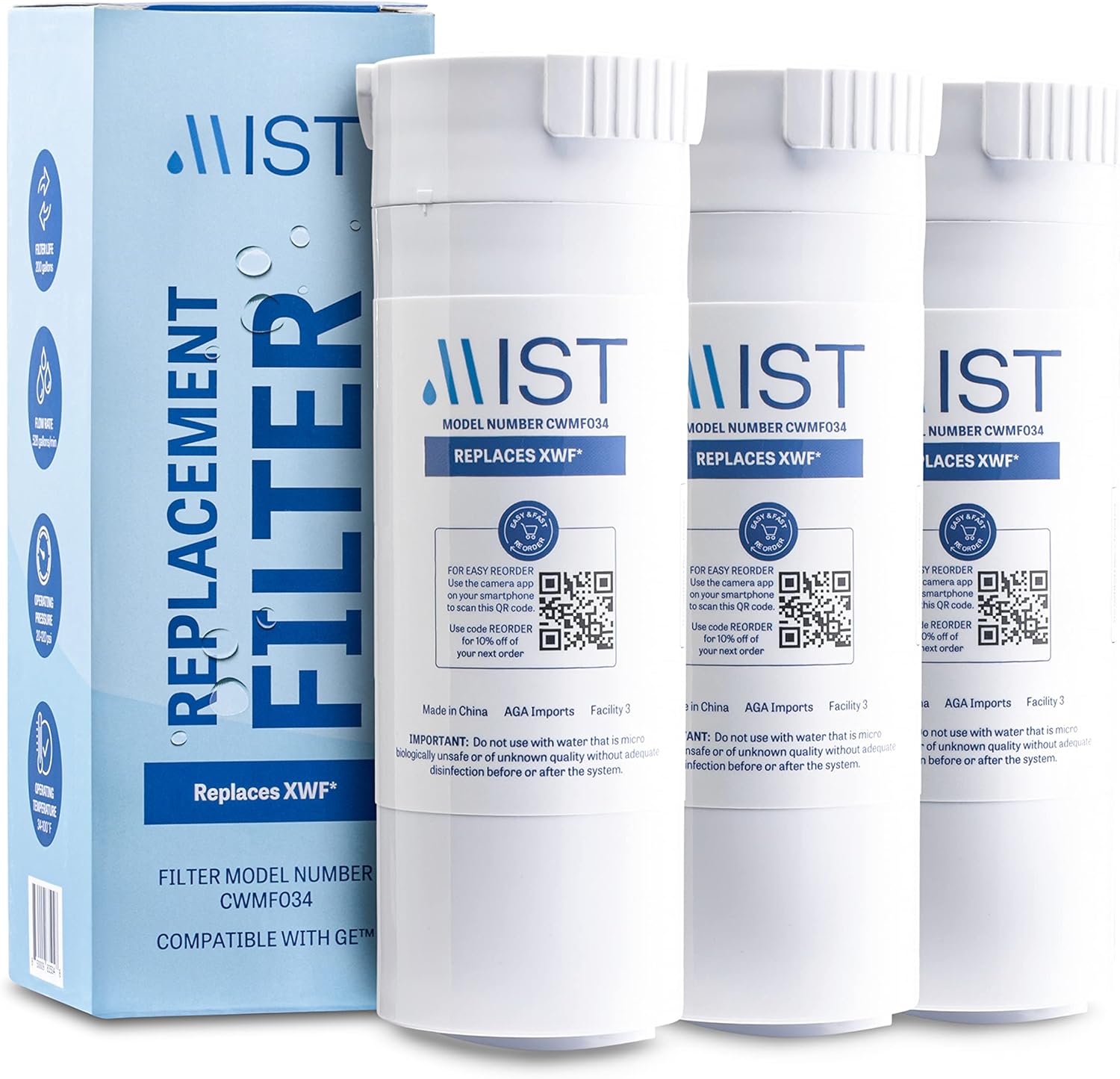 Mist XWF Water Filter for GE Fridges (3-Pack)