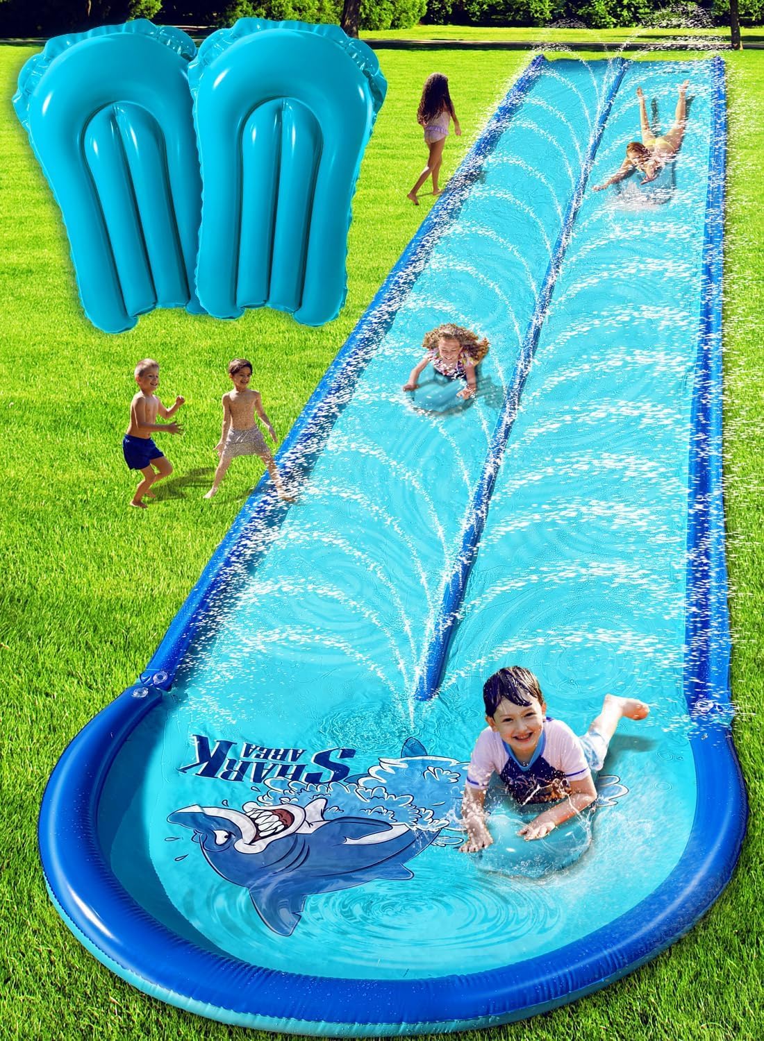 Heavy-Duty Inflatable Water Slide w/ Guard Rails & 2 Bodyboards
