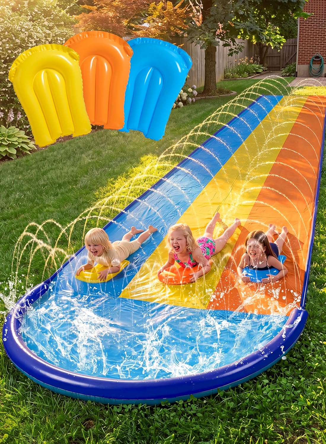Sloosh Triple Water Slide & Splash Pad Set - 3 Lanes + 3 Boards