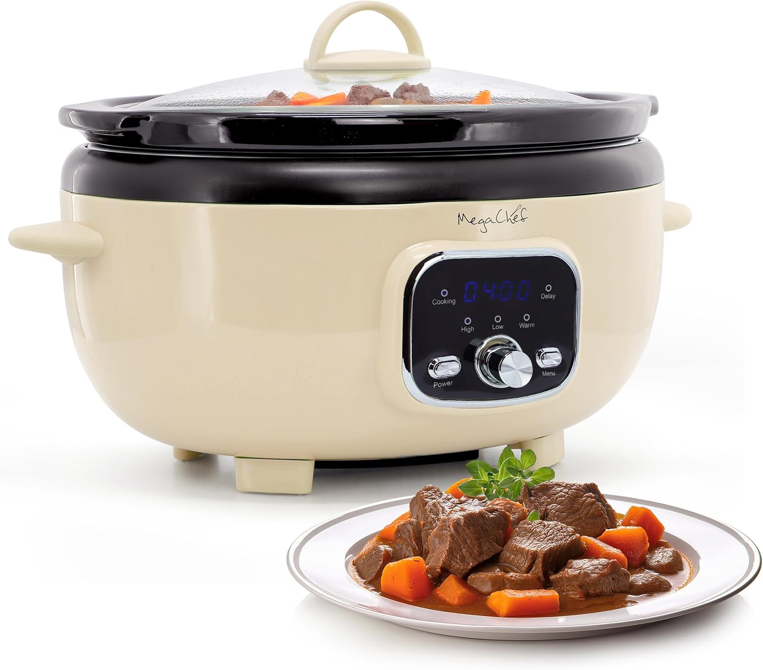 MegaChef 3.7 Qt Oval Slow Cooker – Cream, Digital Timer