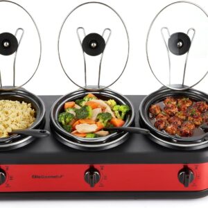 Elite Gourmet Triple Slow Cooker Buffet Server – 3 Pots, Red