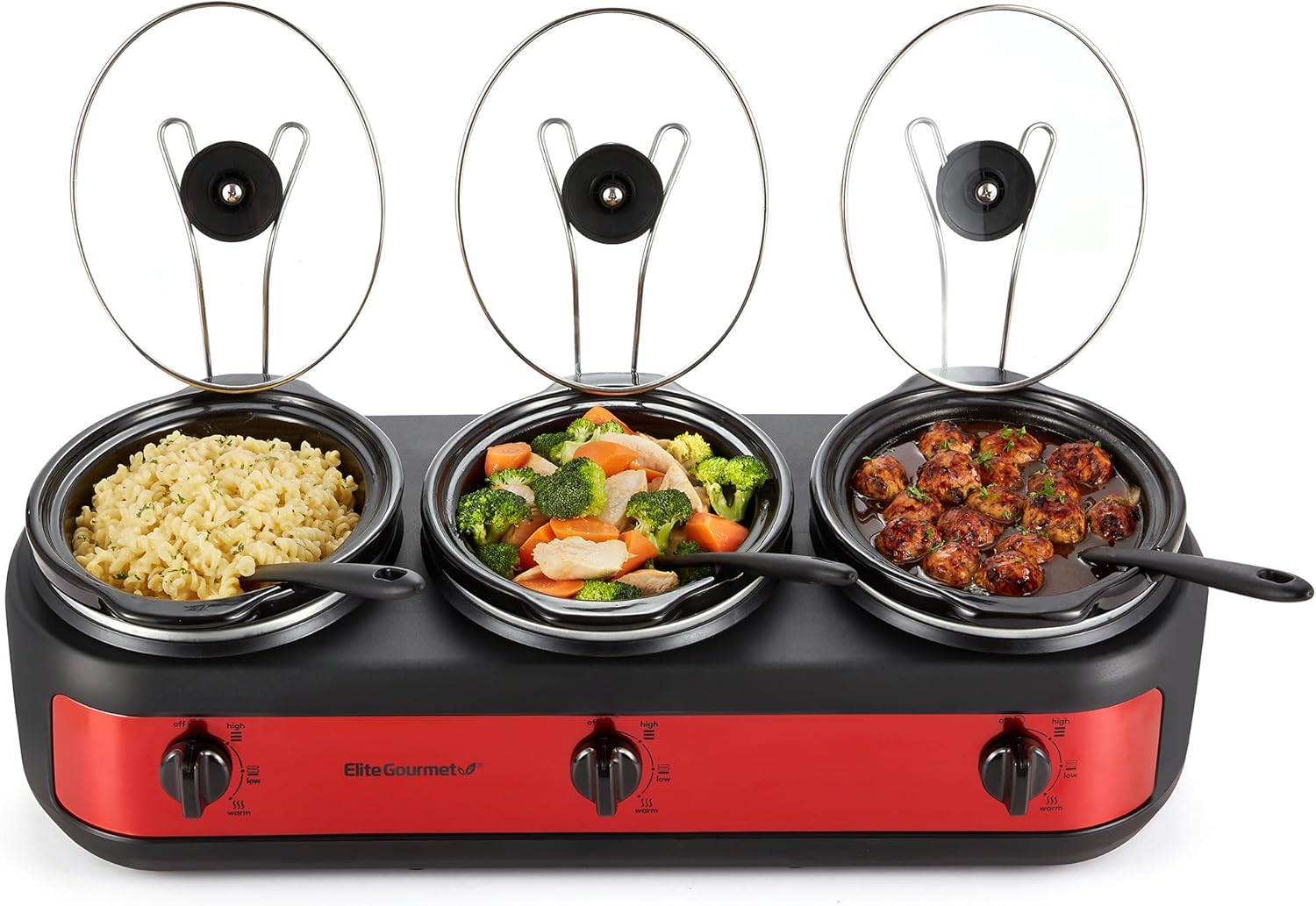 Elite Gourmet Triple Slow Cooker Buffet Server – 3 Pots, Red