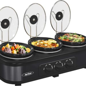 Sunvivi 3-Pot Slow Cooker Buffet Server, 4.5 Qt, Black