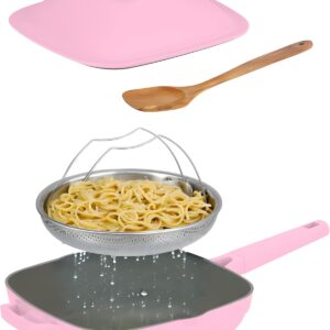 11" Square Ceramic Nonstick Pan w/ Lid & Steamer – Pink