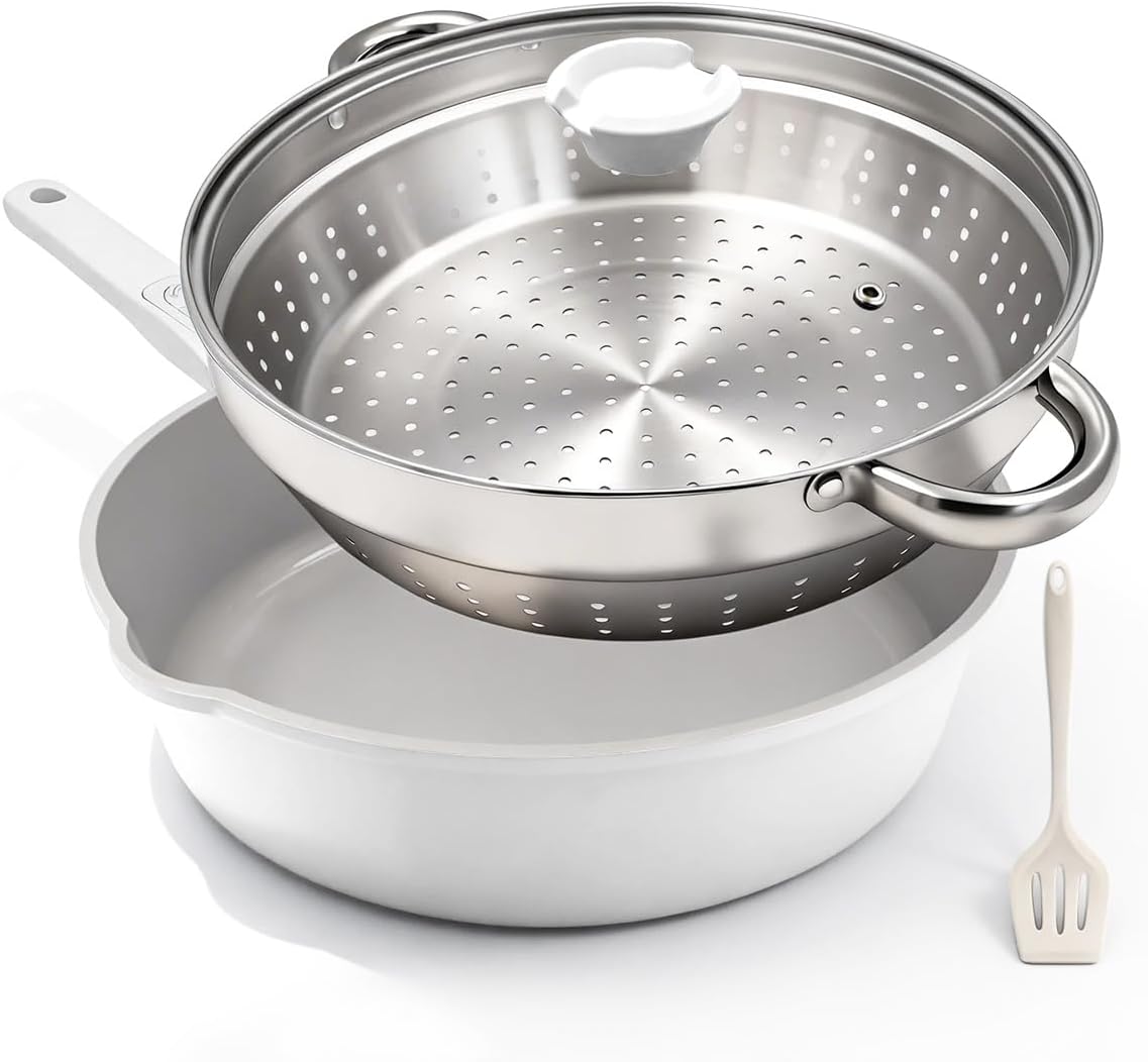 AIKENBBKK 12" Ceramic Frying Pan with Steamer & Lid