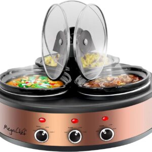 MegaChef Triple Slow Cooker, 3 Pots, Brushed Copper