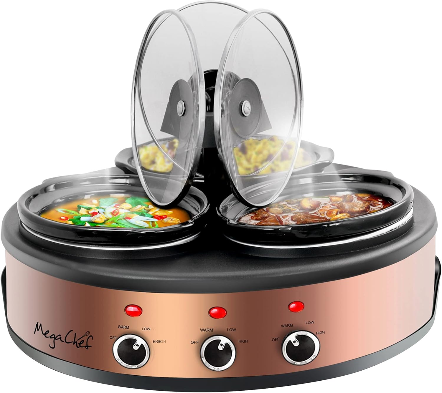 MegaChef Triple Slow Cooker, 3 Pots, Brushed Copper