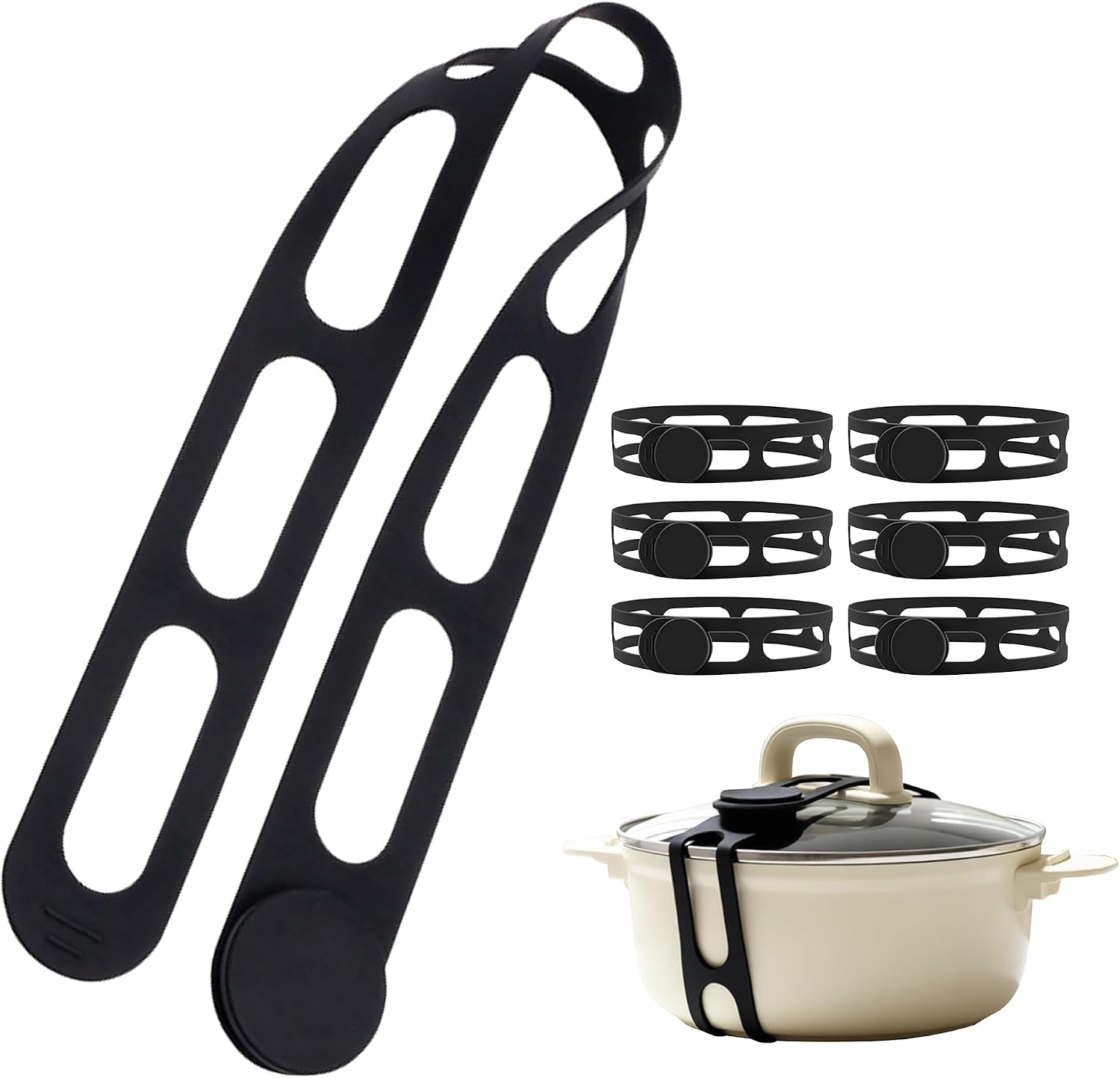 6-Pack Silicone Lid Straps, 21.7in Adjustable Tie, Black