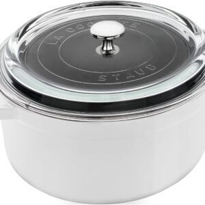 STAUB Cast Iron Dutch Oven 4qt Round Cocotte, Glass Lid, White