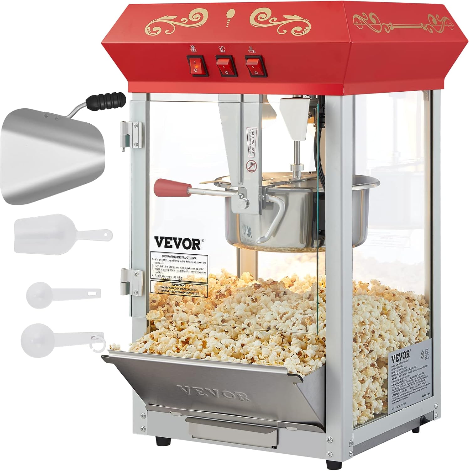 VEVOR Commercial Popcorn Machine, Red, 48-Cup Capacity