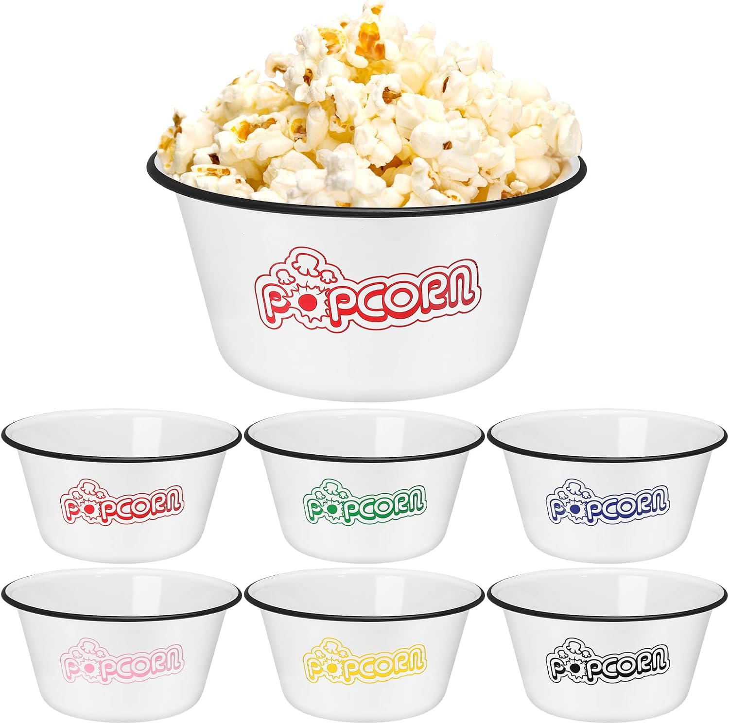 Maxdot 6-Piece Popcorn Bowl Set, 1.2 Qt, White w/ Black Trim