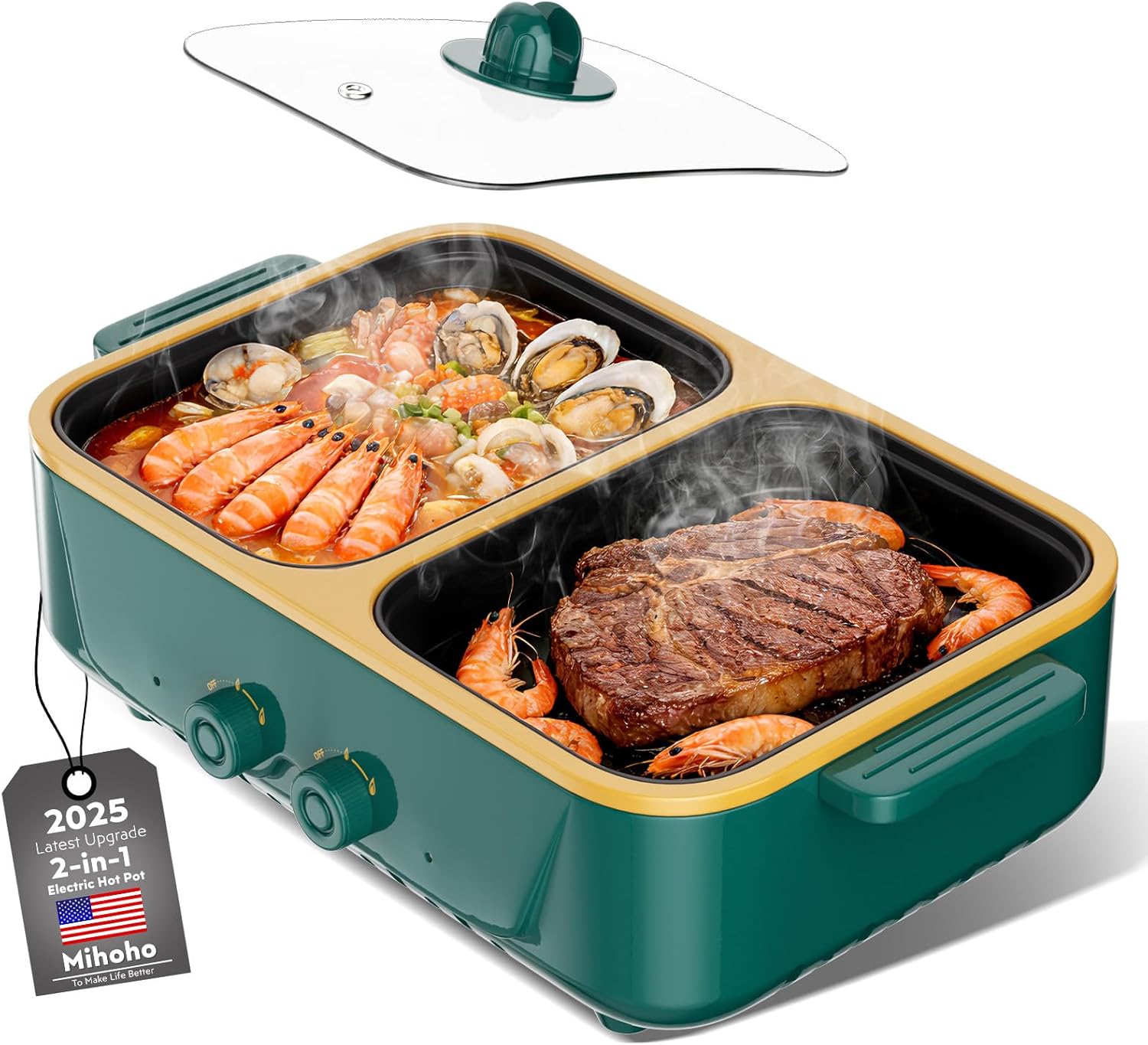 Mihoho 2-in-1 Electric Hot Pot & Grill Combo (Green)