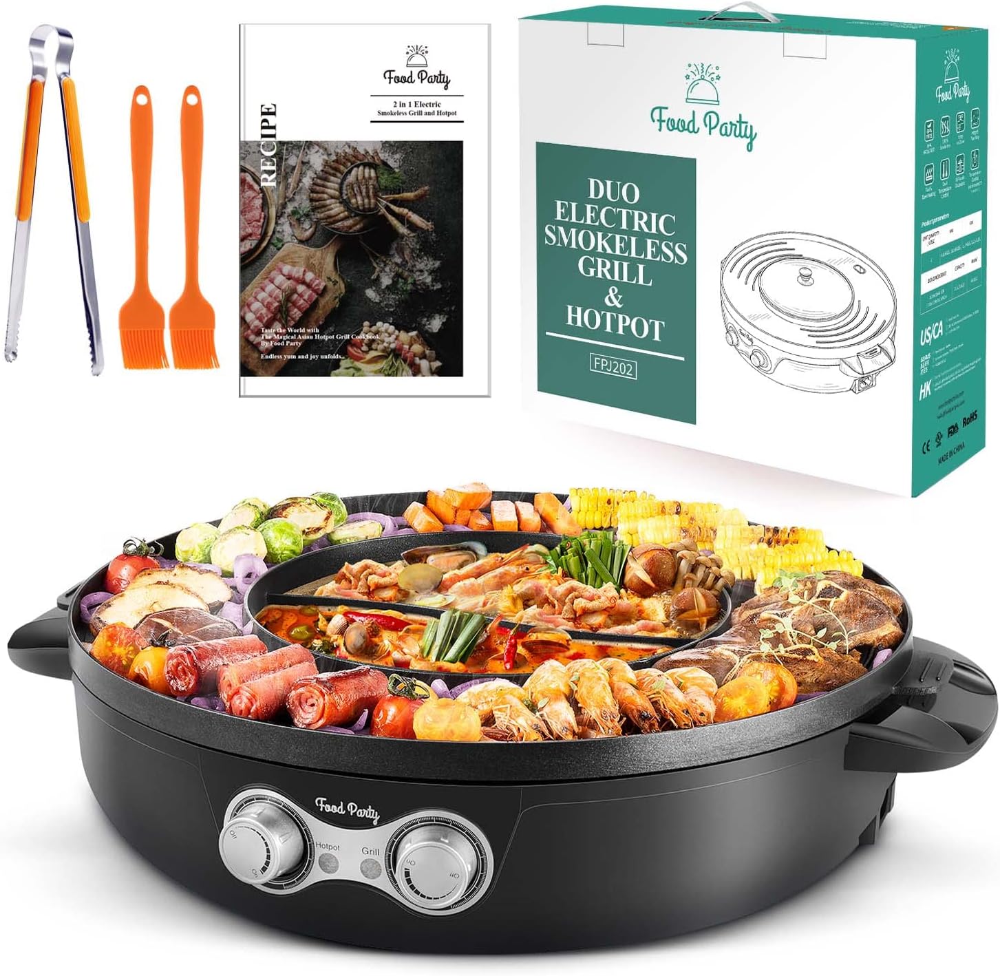 Food Party Hot Pot Grill Combo, 110V 1800W Smokeless Indoor