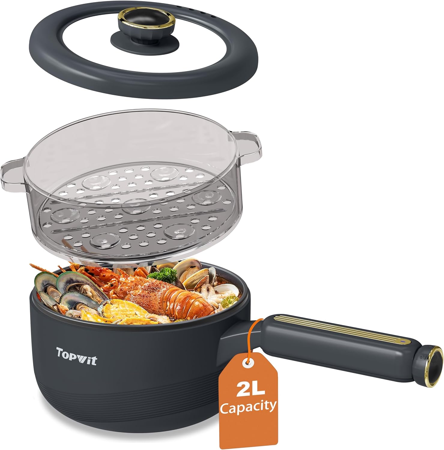 TopWit 2L Electric Hot Pot with Steamer, Grey