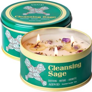 AOOVOO Sage Candle Set – 2 Pack, 24oz, 3-Wick, Soy & Crystals