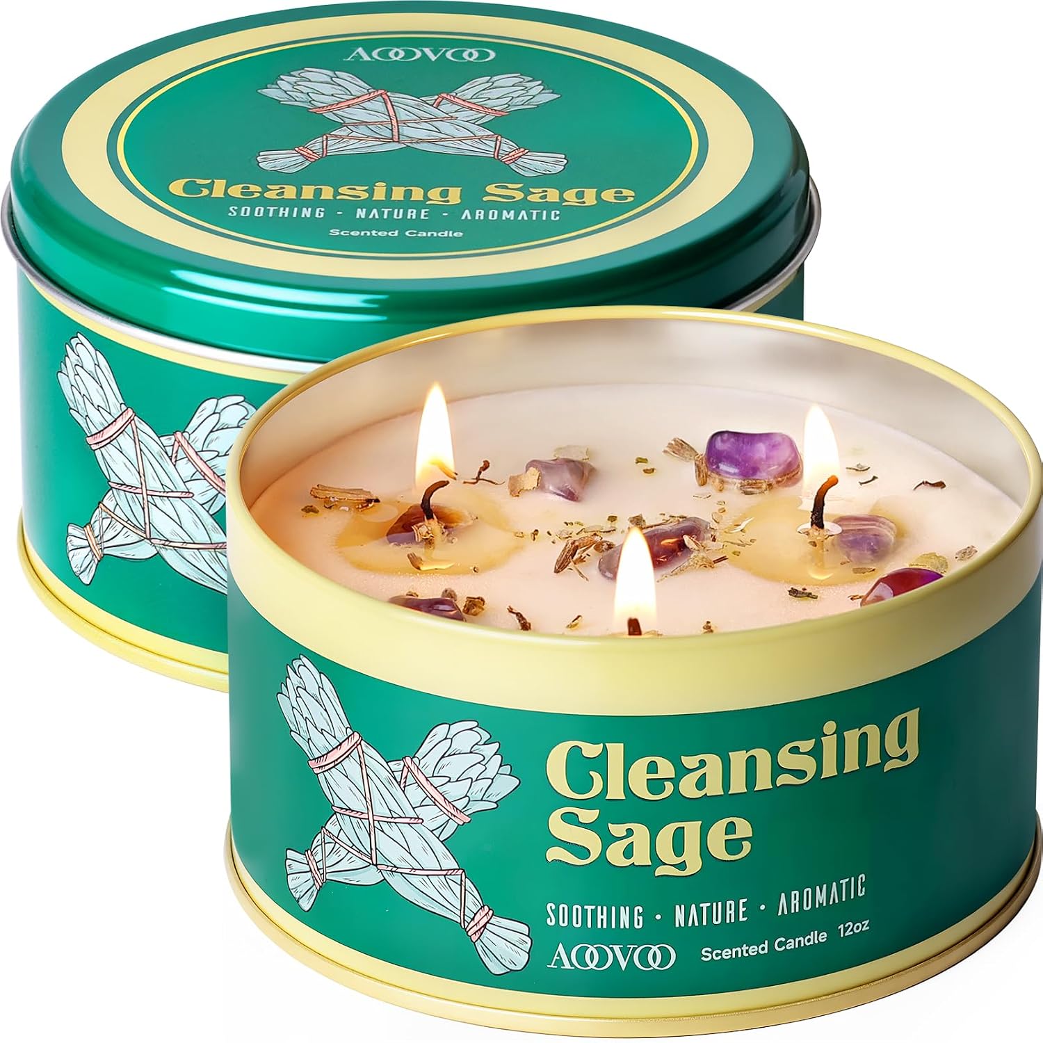AOOVOO Sage Candle Set – 2 Pack, 24oz, 3-Wick, Soy & Crystals