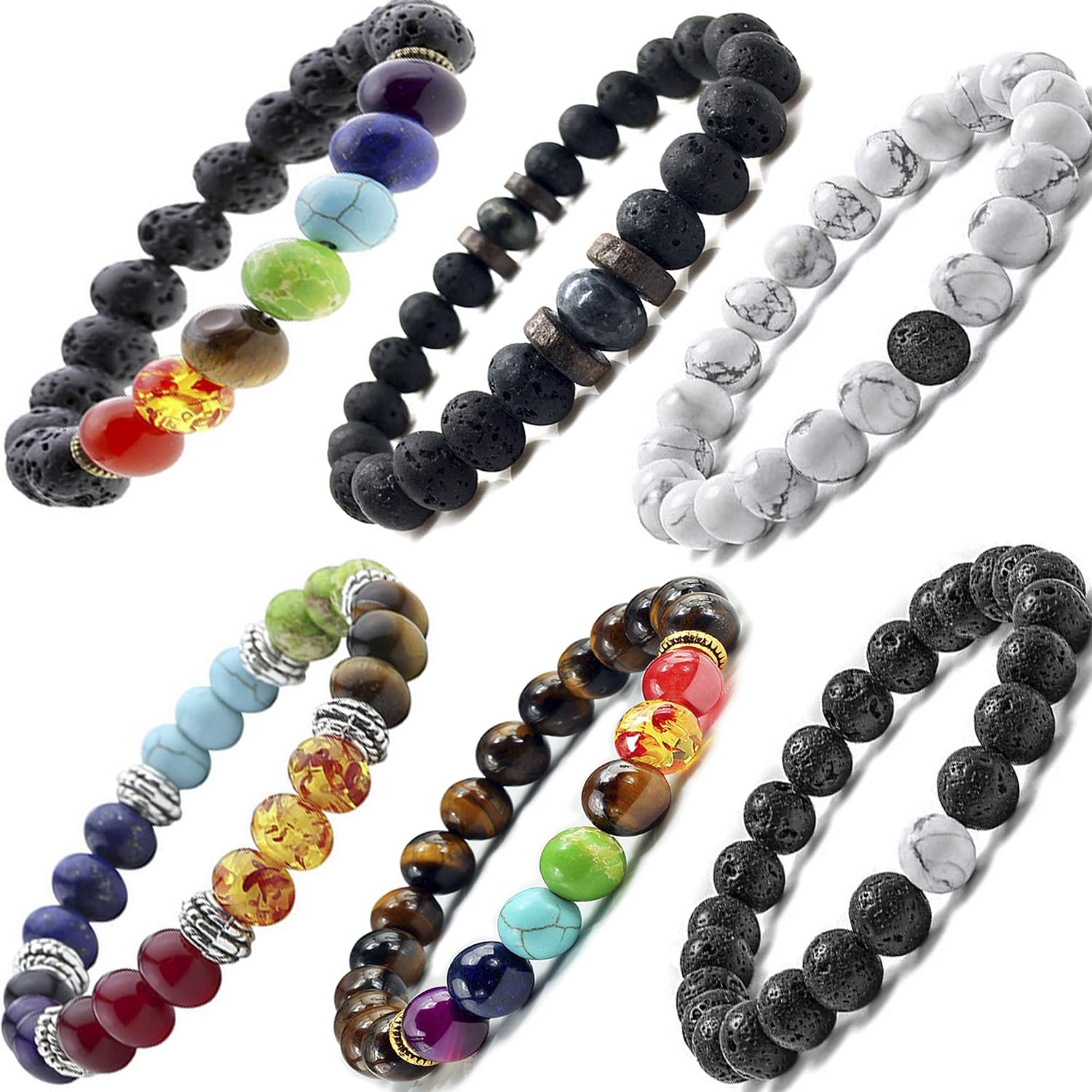 7 Chakra Lava Stone Bracelet Set - 6pcs Mix 8mm Yinyang Rock Beads