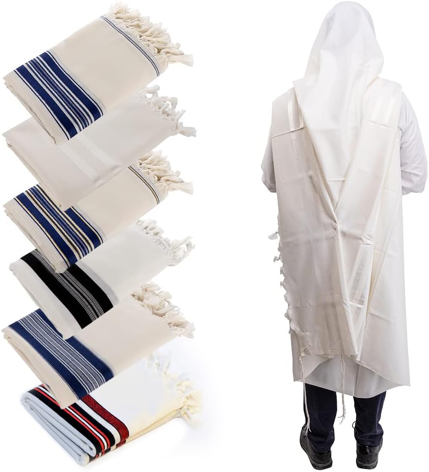 Holy Voice Kosher Wool Tallit – White w/ Stripes, Made in Israel