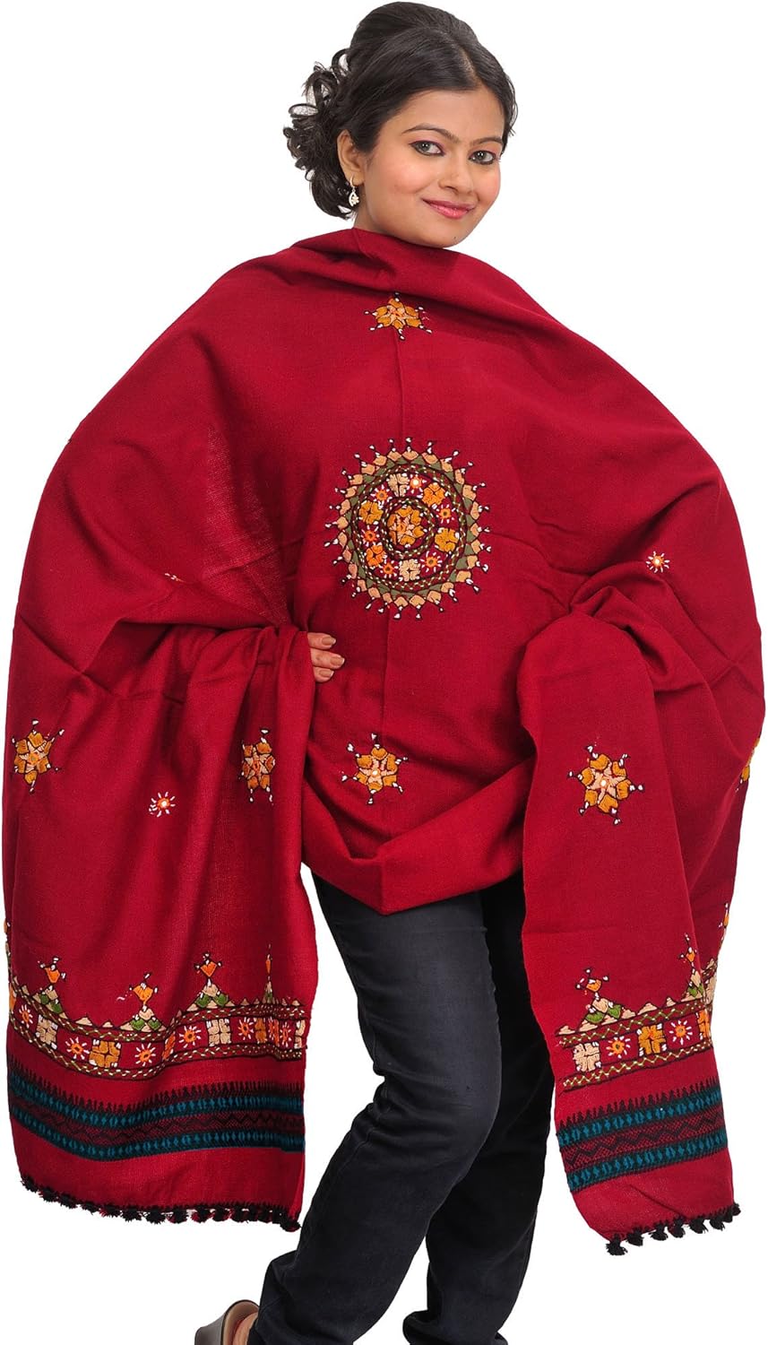 Exotic India Pure Wool Shawl with Embroidered Chakra