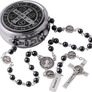 HanlinCC Black Hematite Saint Benedict Rosary Necklace
