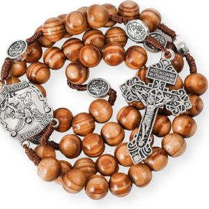Handcrafted St. Michael Wood Bead Rosary with Silver Cross