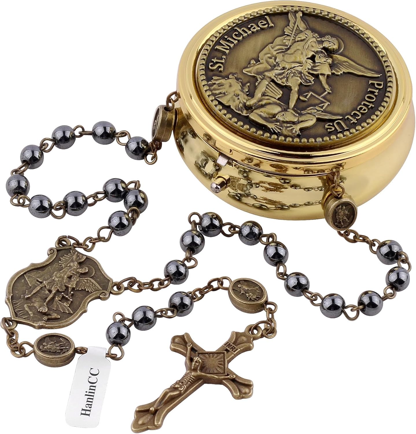 HanlinCC Saint Michael Rosary – Hematite Beads, Gift Box
