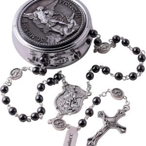 Saint Michael Archangel Rosary Necklace, Hematite Beads, Gift Box