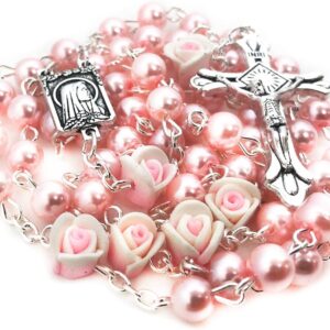 Angelic Pink Rose Rosary Beads – Catholic Gift for Women