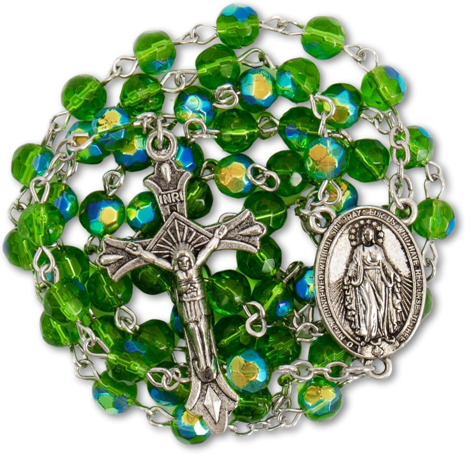 Nazareth Store Green Crystal Rosary with Medal & Cross