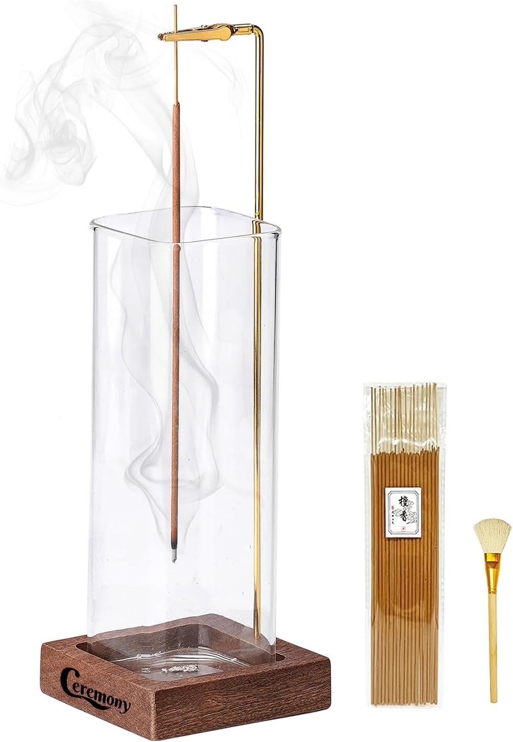 Wooden Incense Holder w/ Glass Ash Catcher & 20 Sticks