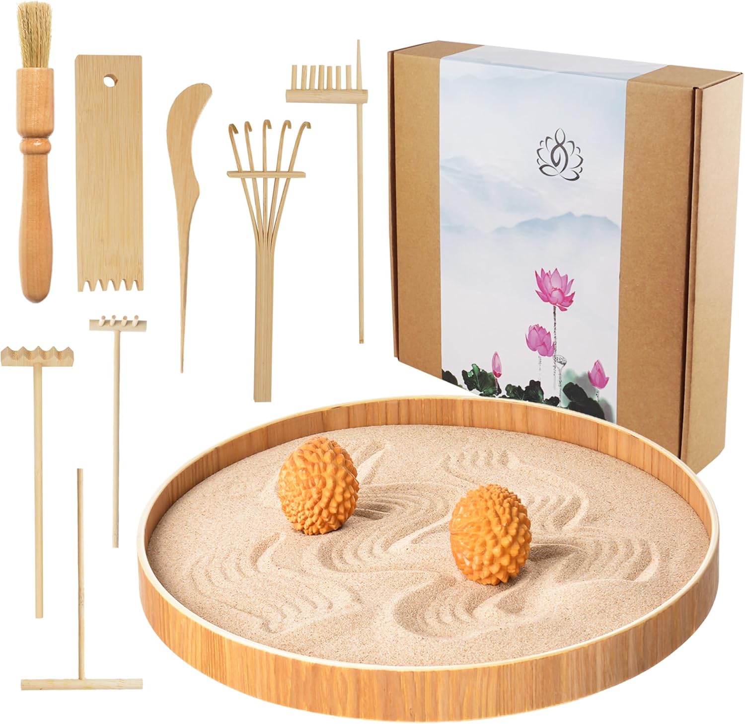 Zen Garden Desk Set – 12" Bamboo Sand Tray & Rake Kit