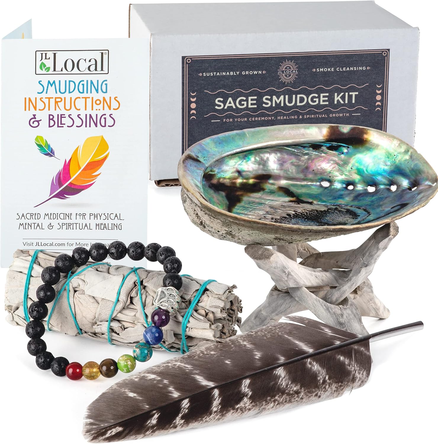 White Sage Smudging Gift Kit w/ Feather & Stand