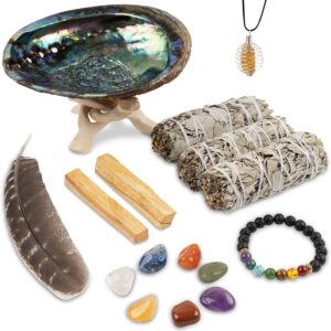 Wish Well Sage Smudge Kit - 3 White Sage Sticks, 2 Palo Santo Sticks, Abalone Shell, Stand, Smudging Feather, 7 Chakra Stones & Crystal Bracelet ~ Sage Incense Sticks for Cleansing House & Meditation