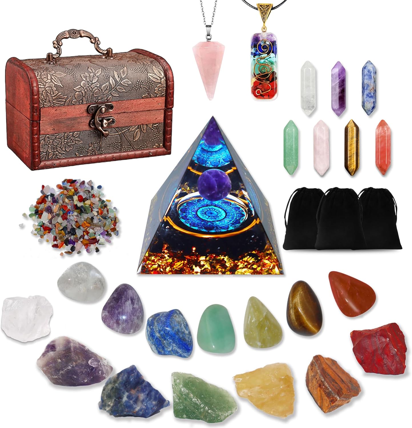 29-Piece Healing Crystal Set with Chakra Stones & Pyramid