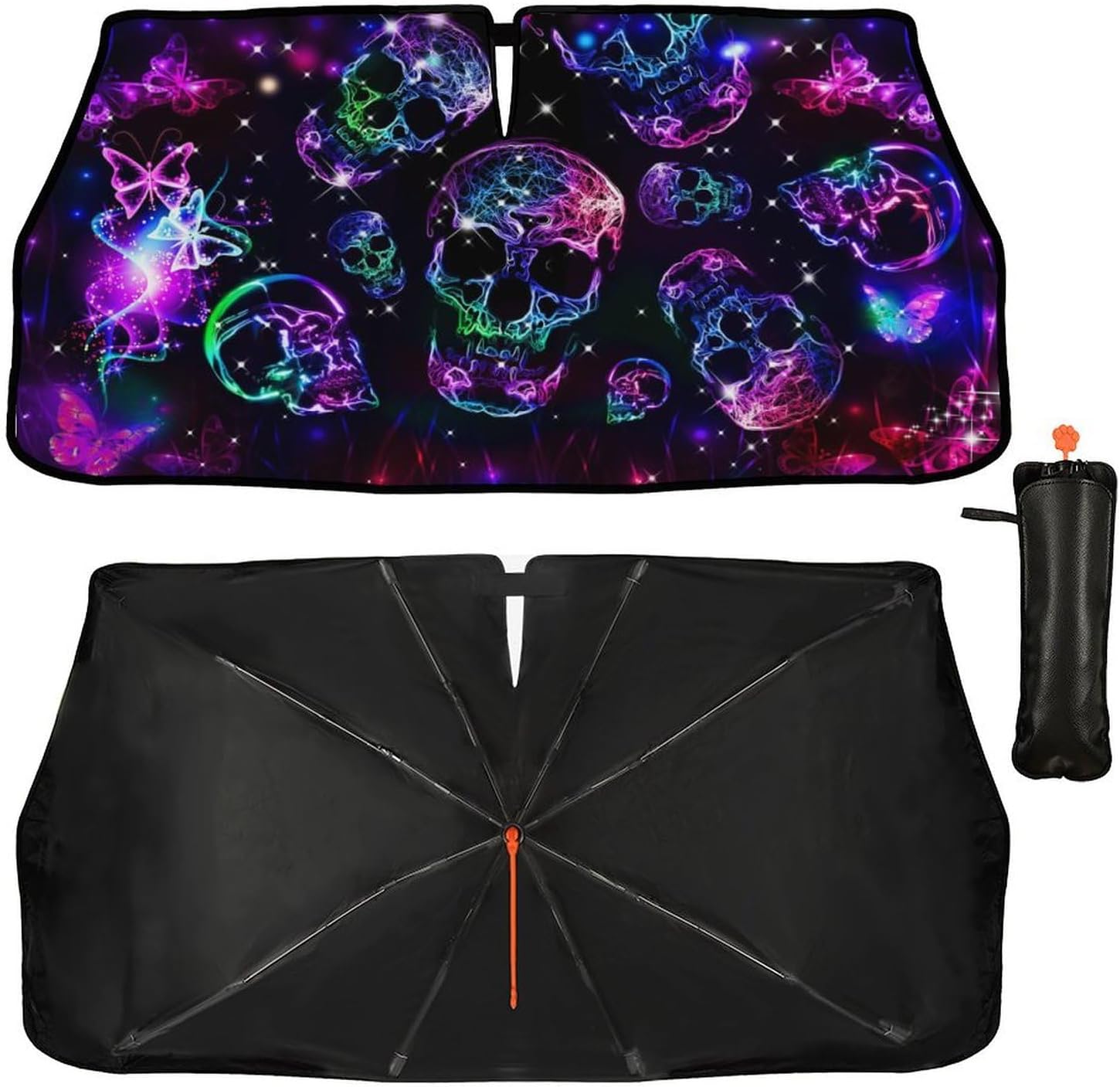 Neon Skull Car Sunshade Umbrella - UV Blocking Retractable Shade