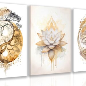 GELDSTEI Zen Wall Art Set - Tree of Life & Lotus Decor (3pc)
