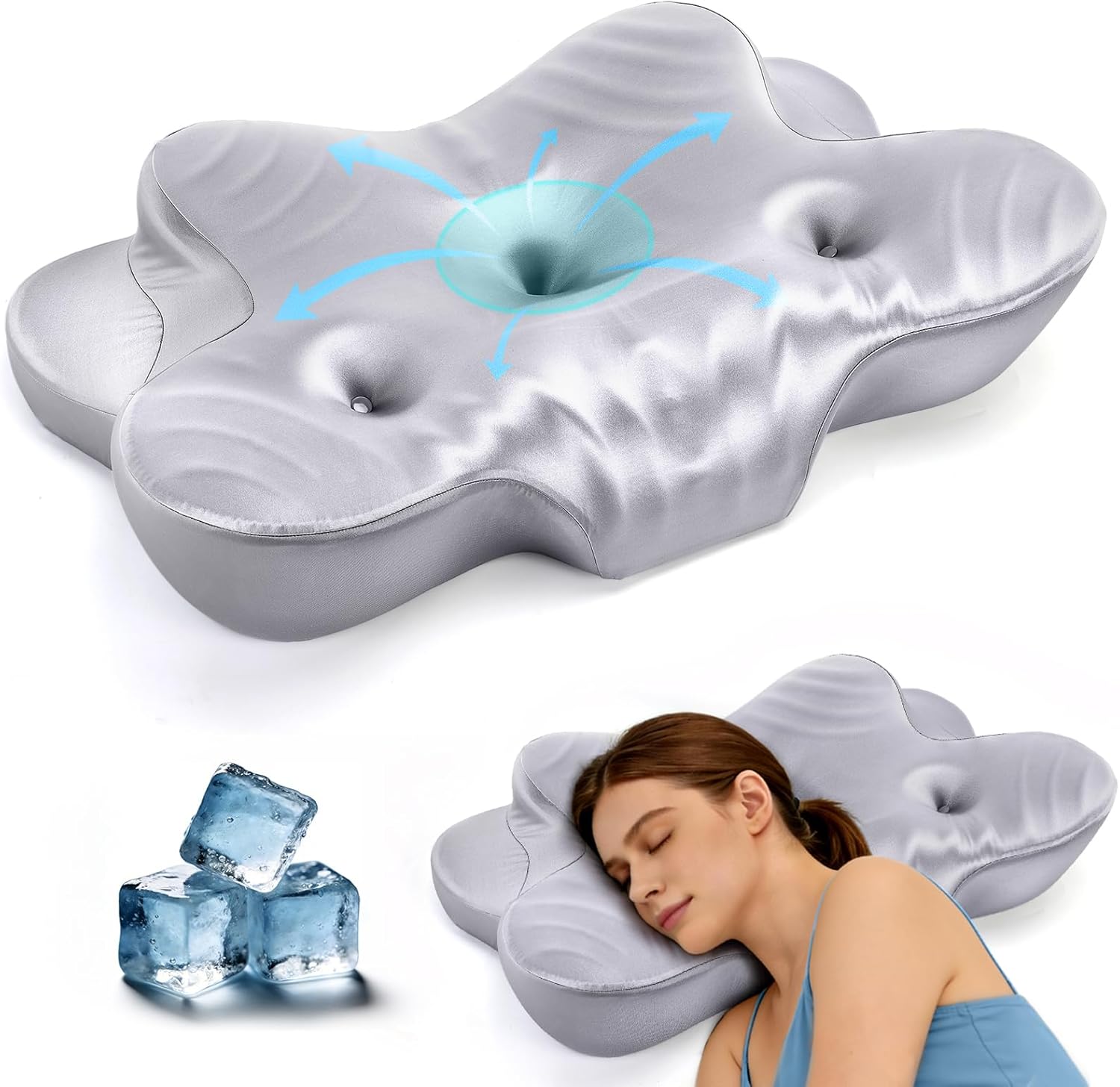 CCidea Dual Ear Relief Cervical Pillow, Ice Silk Satin, Grey