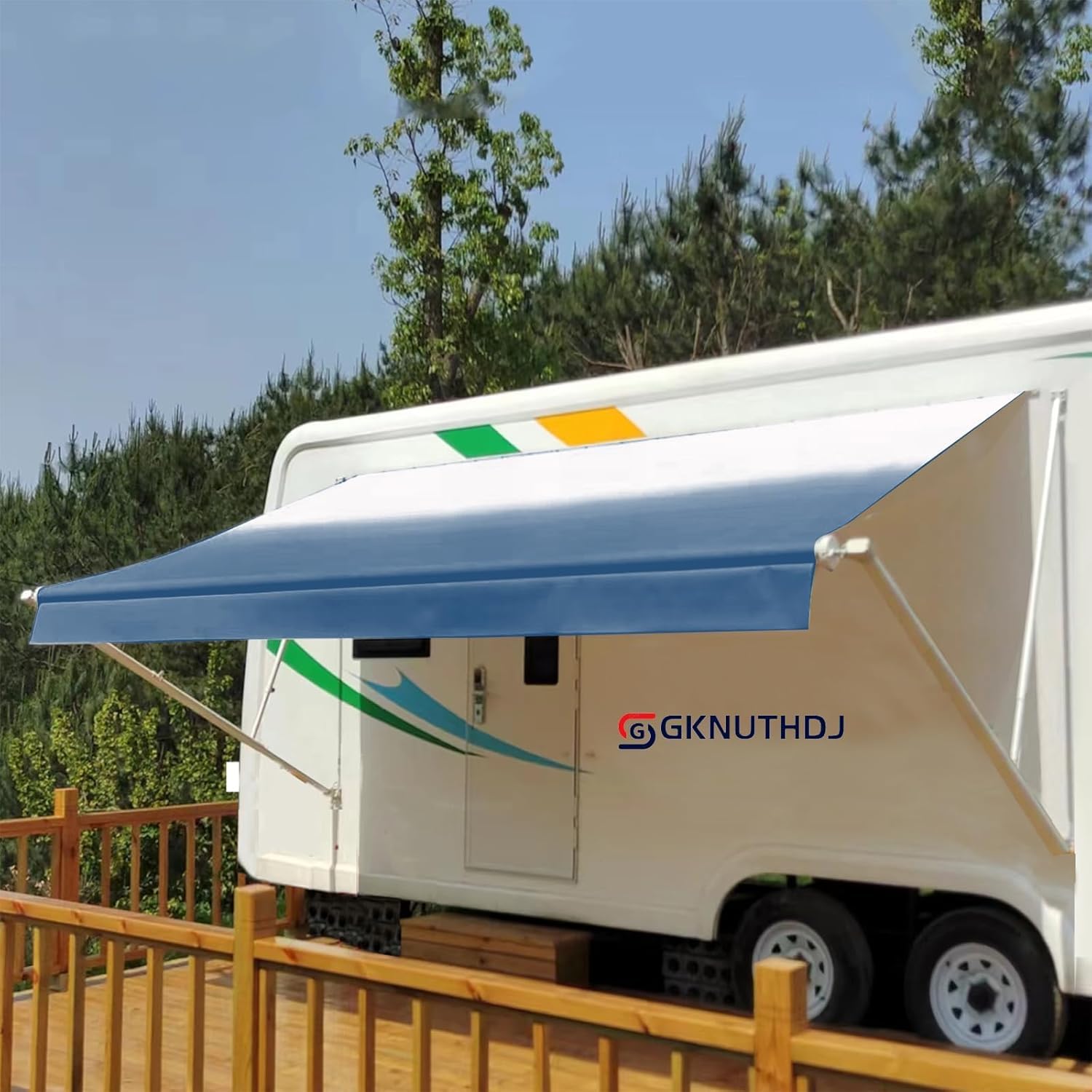 10Ft RV Awning Kit - White Frame, Blue Vinyl - No Tools Needed