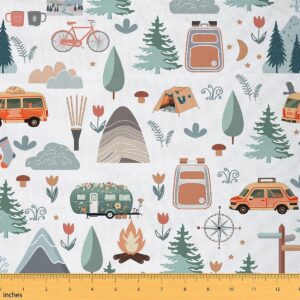 Happy Camping Upholstery Fabric by the Yard - White