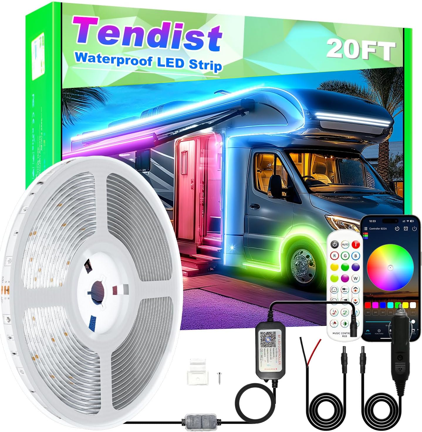 TENDIST RV Awning LED Light Strip - 20FT Waterproof Kit