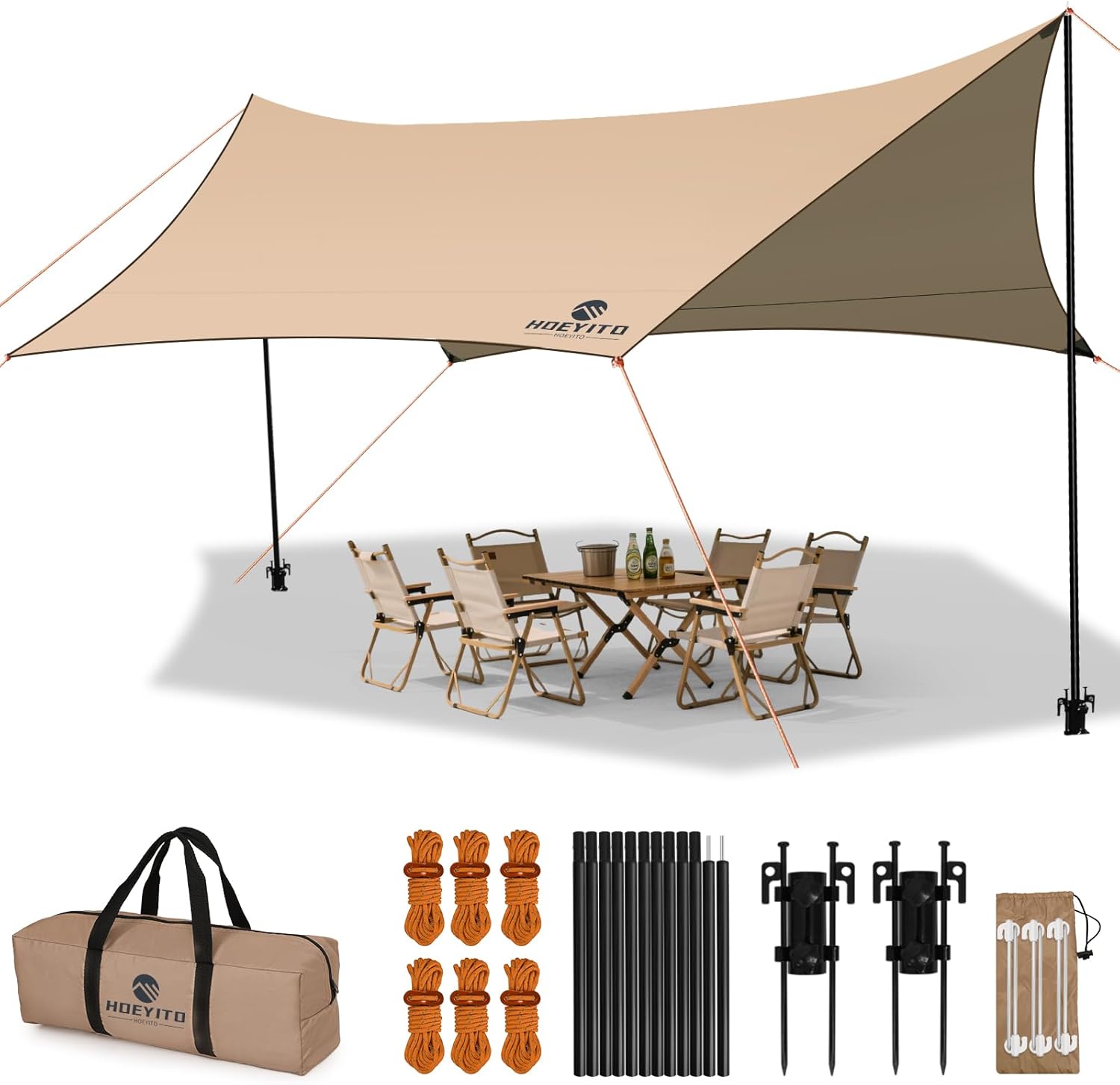 HOEYITO Camping Tarp 15x12.5FT Waterproof Canopy with Poles