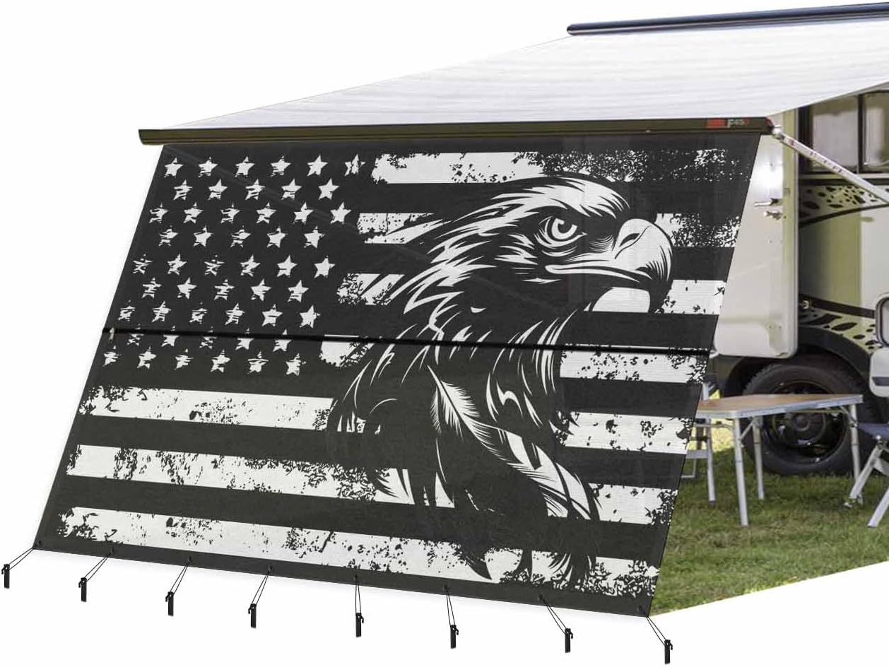 RV Awning Sun Shade Screen 9'x15'3", Black & American Flag Mesh