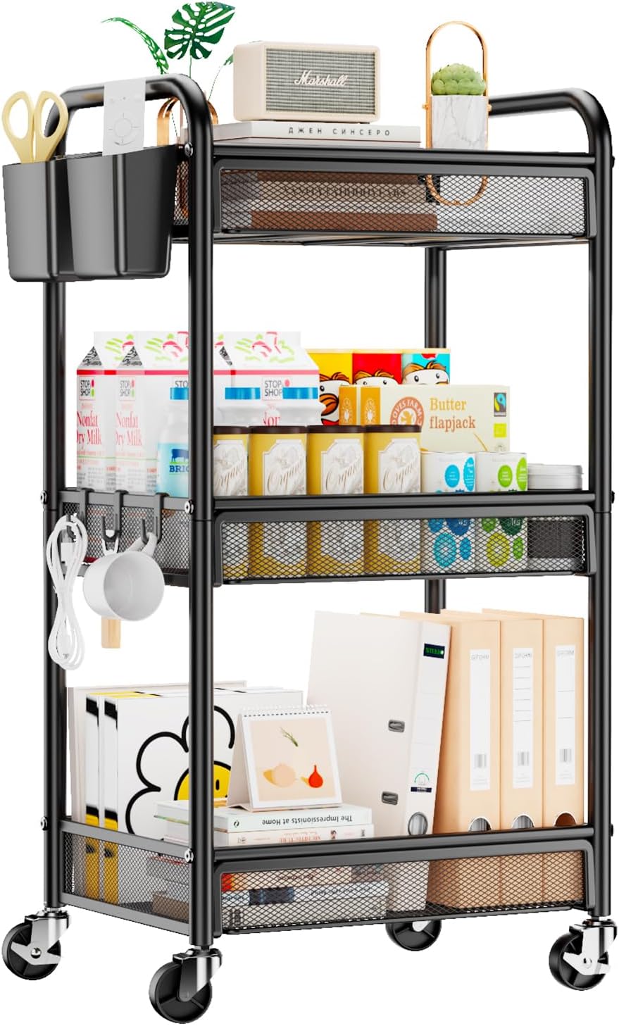 YASONIC 3-Tier Rolling Cart – Heavy-Duty Metal Organizer with Wheels
