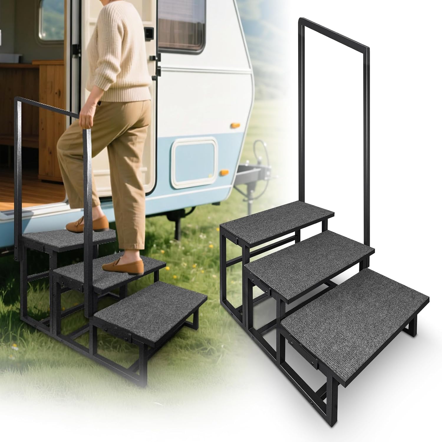 Euisiant 3-Step RV Step Stool w/ Handrail