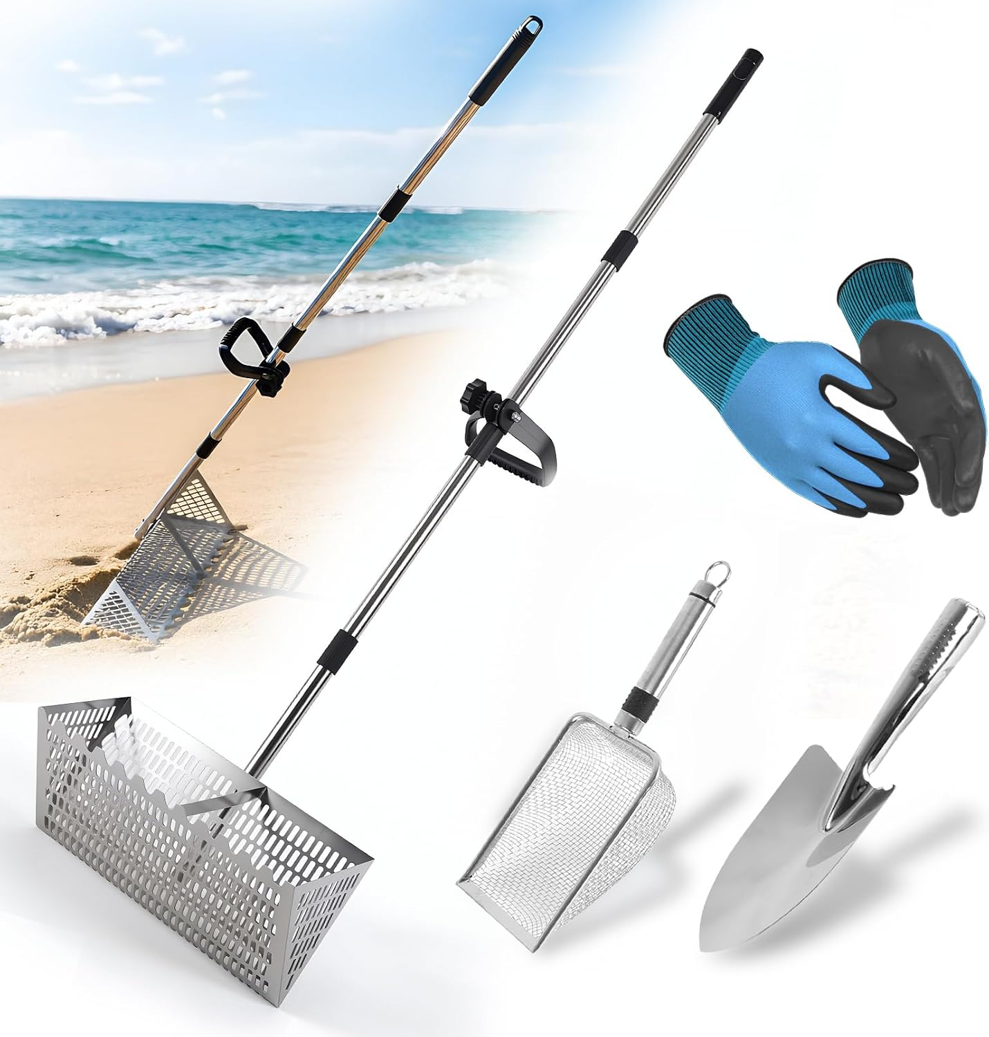 Sand Flea Rake with Detachable Handle & Beach Gloves