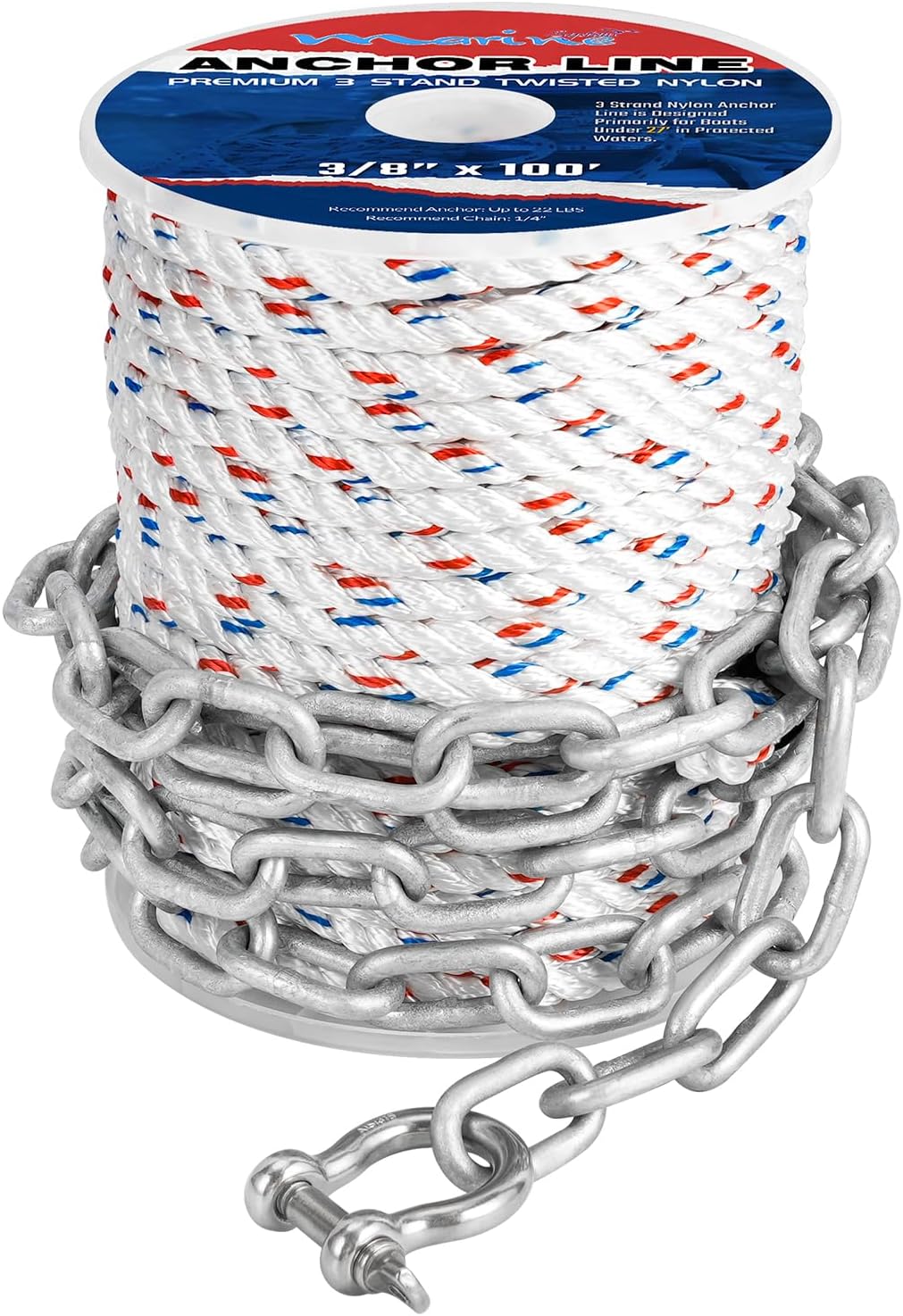 MARINE SYSTEM 3/8" Anchor Rope w/ Chain, 50-150 Ft