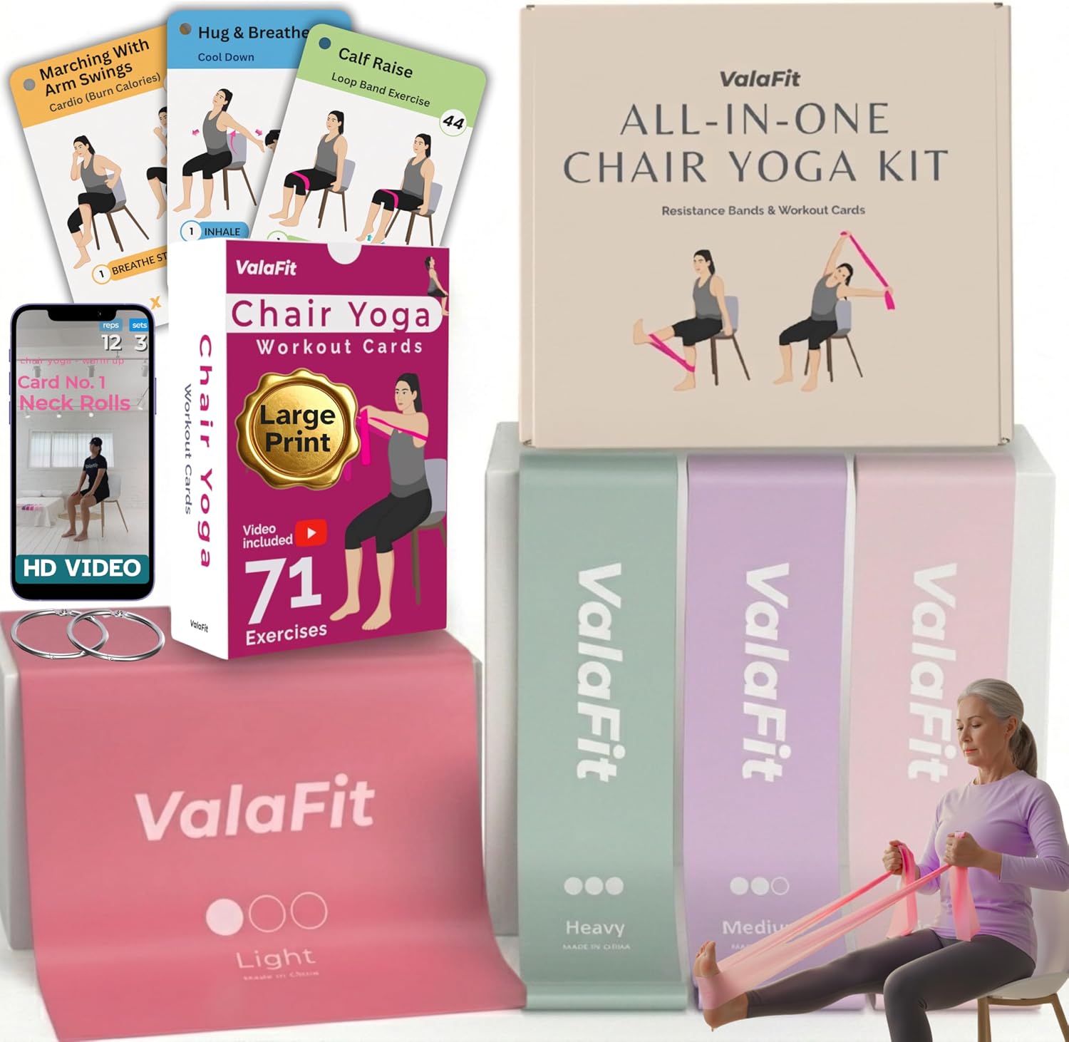 Chair Yoga Kit for Seniors – 71 Cards + Bands | ValaFit